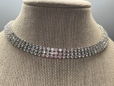 3 Row Clear Sparkle Rhinestone Silver Tone Choker Necklace 13- 20" te02
