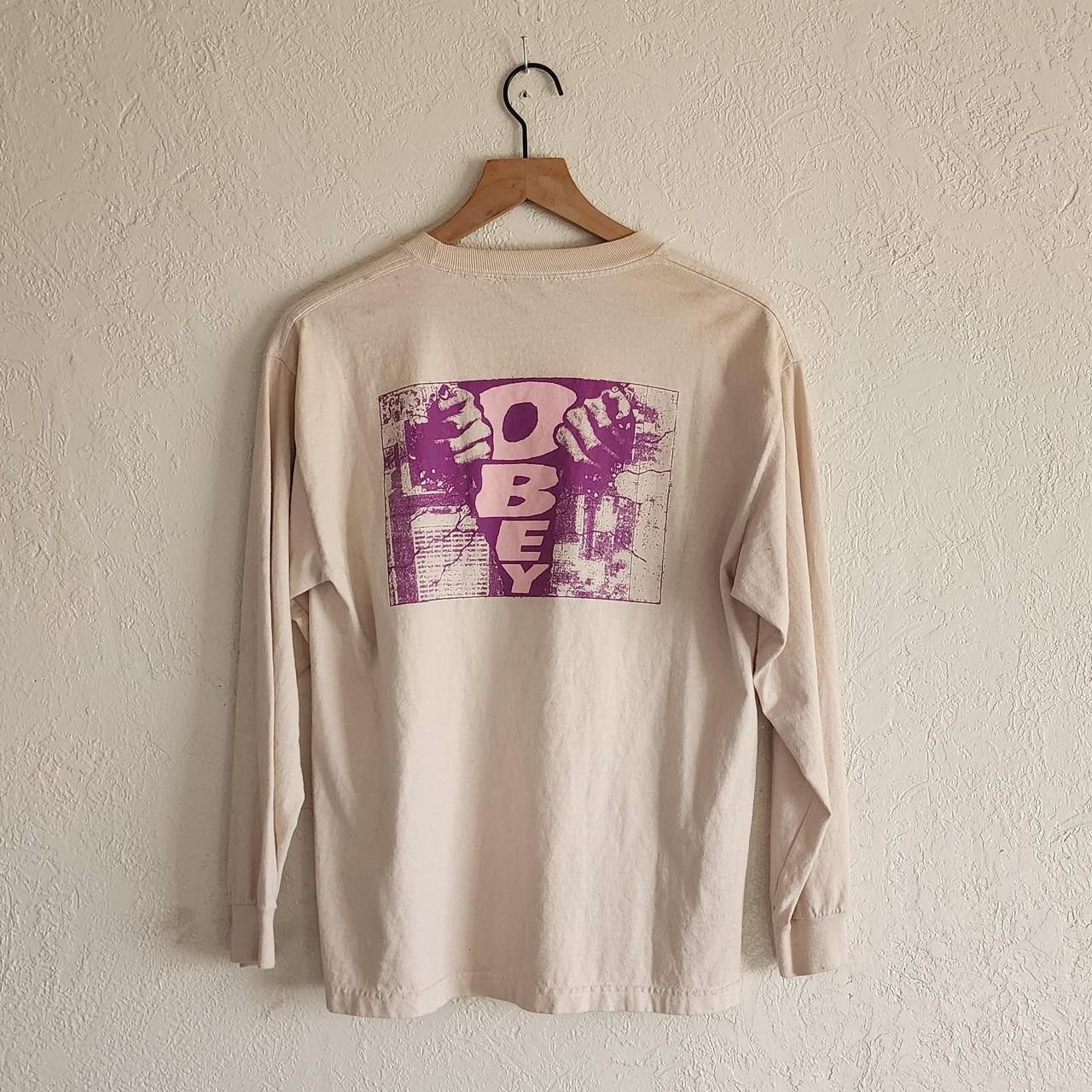 Y2K Obey Destruction Longsleeve Beige T Shirt Size M Used
