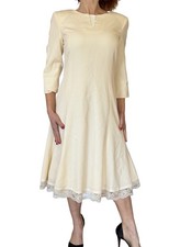 Vintage Austin Reed Cream Worsted Wool Midi A Line Dress 3/4 Sleeve Lace Hem 6