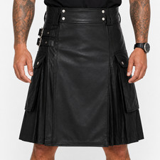 Men's Black Leather Utility Kilt Gothic Biker Tactical Cargo Pocket Scottish