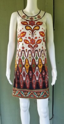 LAUNDRY Ivory Silk Print Jeweled Neckline Dress 0