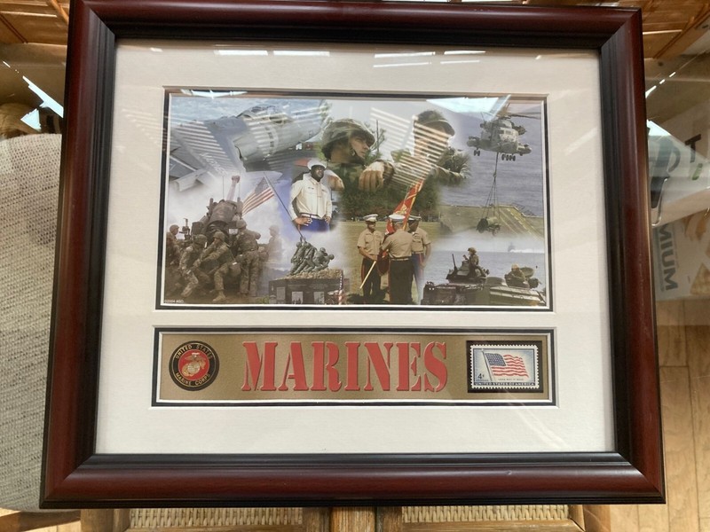 Framed Tribute to United States Marines with 1957 Commentative Flag Stamp