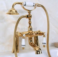 Gold Brass Deck Mount Clawfoot Bathtub Faucet Mixer Set With Handheld Shower