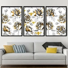Set of 3 Gold Floral Abstract Rose Bees & Flower Wall Art Print Picture Poster