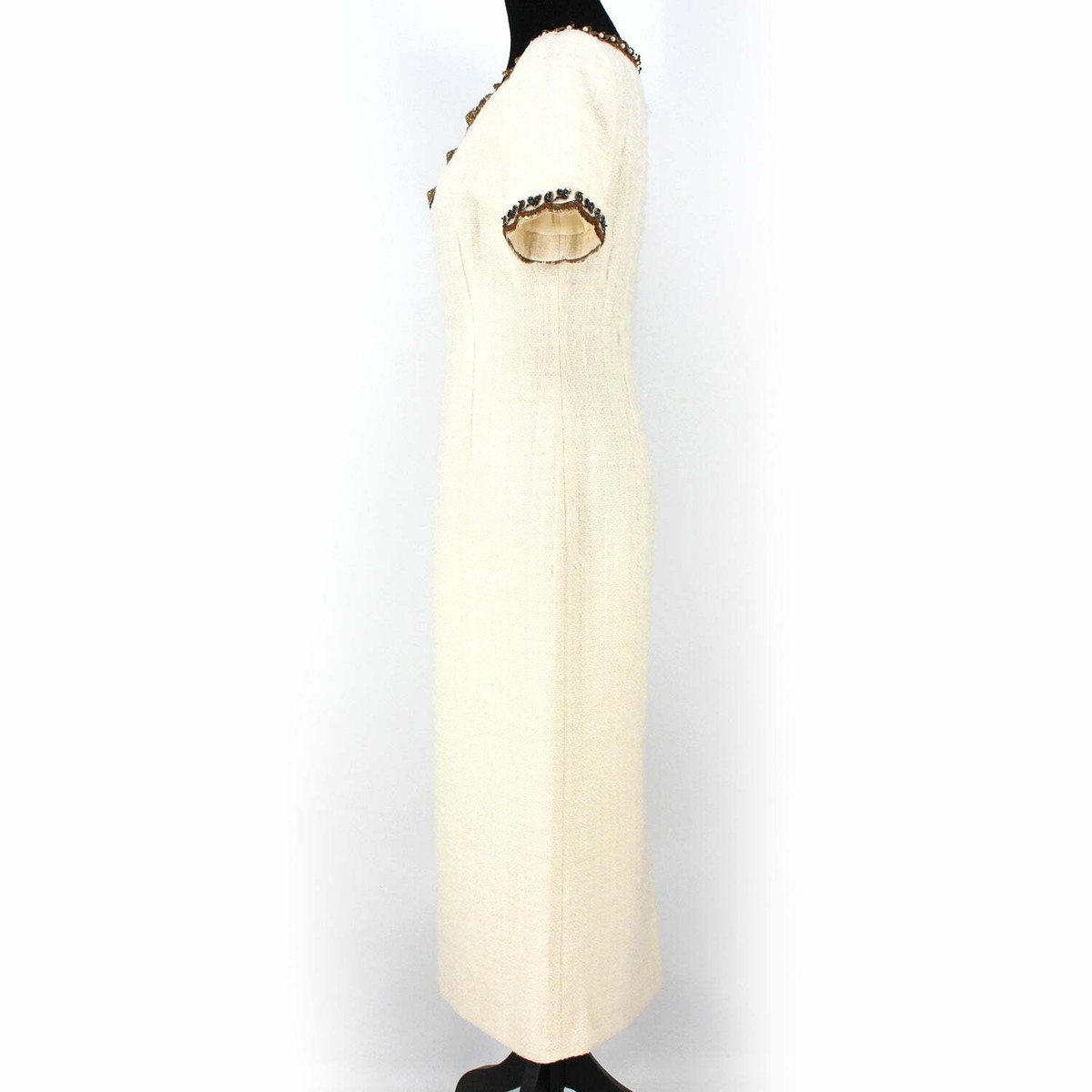 GUCCI Ivory Boucle Wool Dress Gold Pearl Embellished Trim