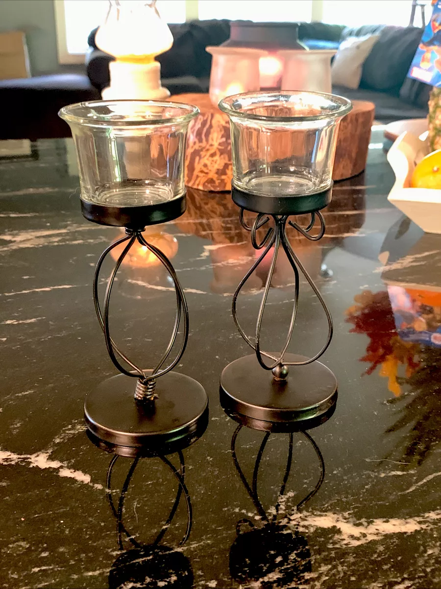 Set of 2 Black Wire Pedestal Tea Light Candle Holders