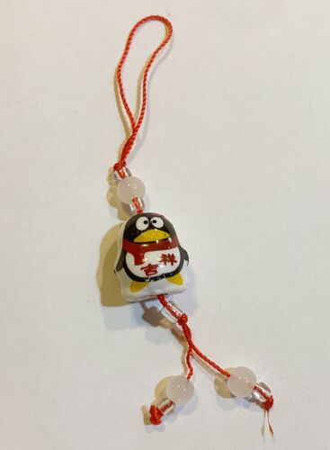 Red String Strap Charm for Cell Phone, Handfan in Porcelain Penguin Design  - Picture 1 of 2