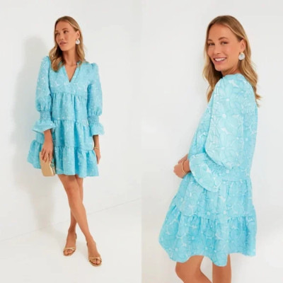 Tuckernuck Pomander NWT Place Blue Daisy Jacquard Kenzo Dress Ruffle Tiered sz M