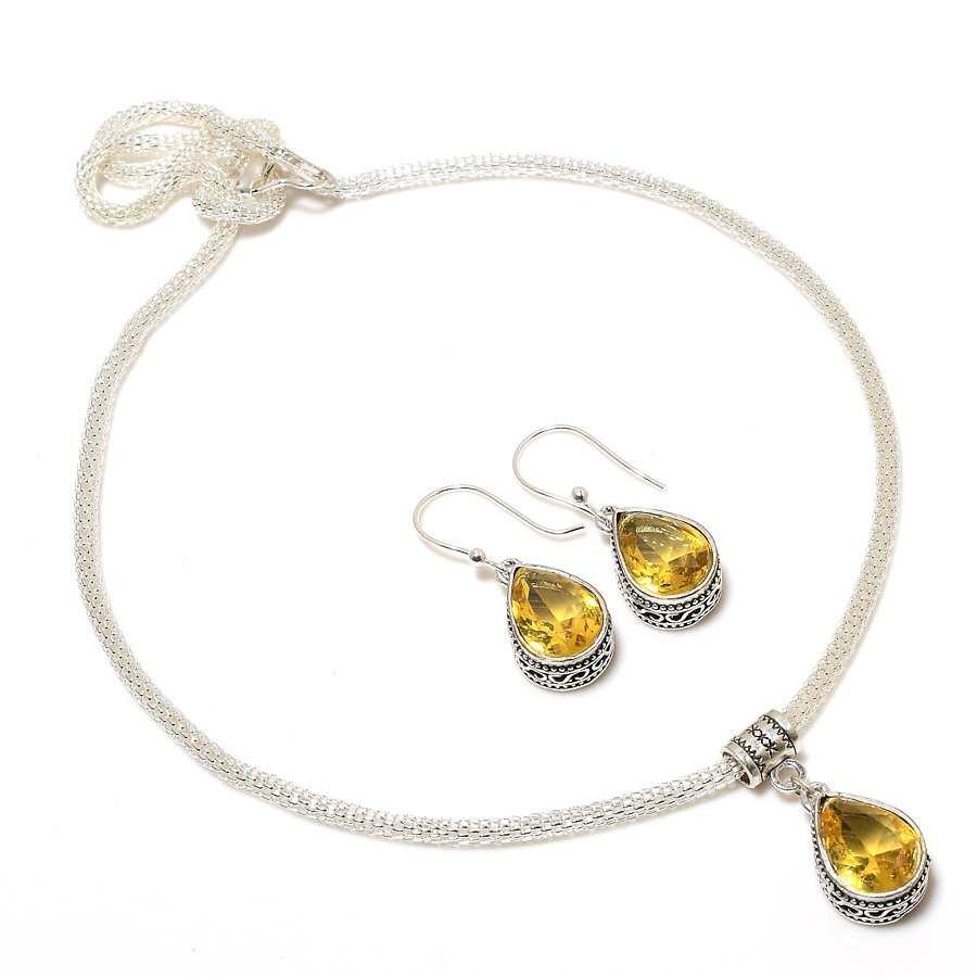 Juego de collar y pendientes hechos a mano enchapados en plata 925 de citrino de 18"