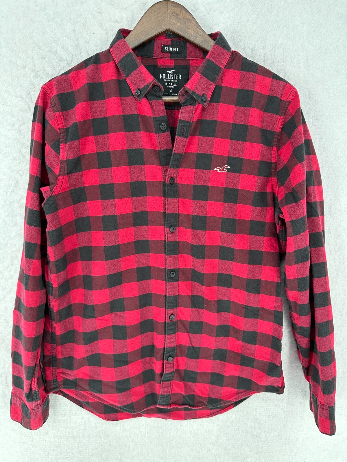 Hollister Flannel Shirt Mens Medium Slim Fit Epic Flex Red Plaid Soft Button Up-image