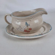 Vintage Marmalade Goose & Berries Patterned 2 pc Gravy Boat  Farmhouse Country 