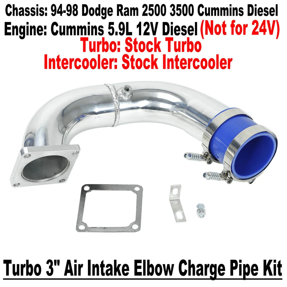 Tubo de carga de codo de admisión de aire pulido de 3" para 94-98 Dodge Ram 2500 3500 5,9 L 12 V Foto 3 de 4