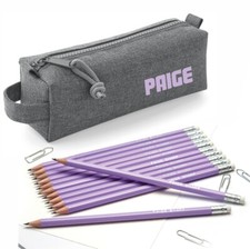 Personalised Marl Grey Pencil Case with12 printed Pencils with Erasers - Lilac
