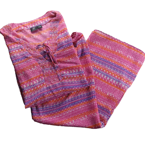 ESY Studio EY Women's Tunic & Pant Set Size 1X Pink Purple Orange Print Beaded
