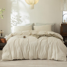 Cozy Striped Duvet Cover Set - 100 Washed Cotton, King Size, Almond Milk Grey