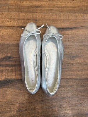 Zara Ballet Flats Silver Bow Detail leather Women's US 5.6/6 EU 36