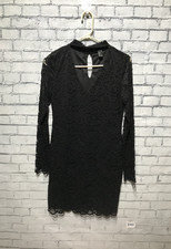 Forever 21, Women L, Black Lace Long Sleeve V-Neck Bodycon Sexy Mini Dress Lined