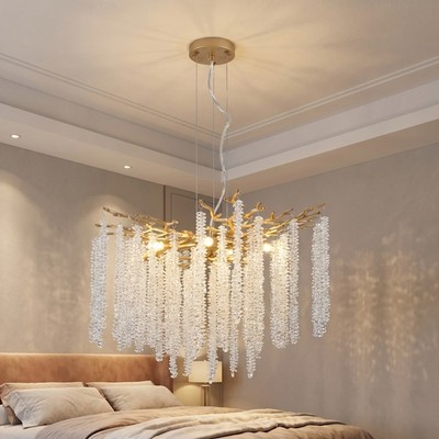 24'' Crystal Chandelier Tree Raindrop LED Pendant 8 Light Kitchen Gold Fixture