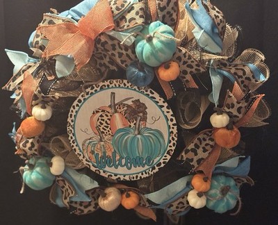 Welcome Pumpkin Teal Orange And Leopard Print Front Door Wreath