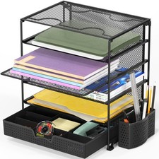 5-Tier Document File Tray with Supplies Sliding Drawer and Pen Bucket, Black