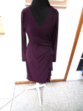 CHAPS-PURPLE-CROSSOVER NECK-LONG SLEEVE-DRAPED RUFFLED-SHEATH DRESS-SIZE-M-NWT
