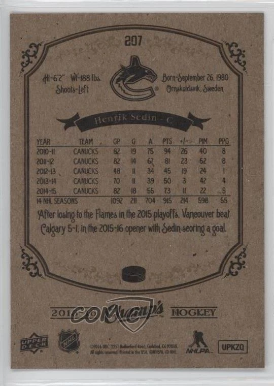 2015-16 Upper Deck Champ's Short Prints Henrik Sedin #207 HOF - Image 2 of 2