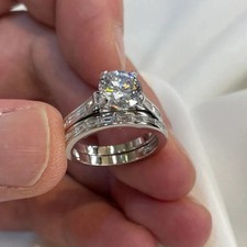 2 Ct Round Moissanite Solid 14K White Gold Matching Bridal Set Engagement Ring