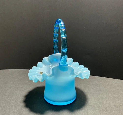 Vintage Fenton Art Glass Blue Overlay 6” H Ruffled Edge Hat Basket
