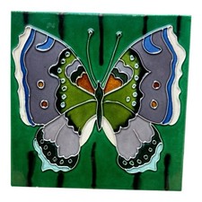 Vintage Green Butterfly Ceramic Art Tile Rais...