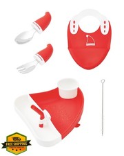Ecrekhom 5pc Silicone Baby Feeding Set Plate Spoon Fork Bib