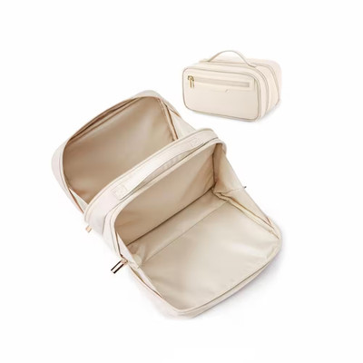 Beige Travel Makeup Toiletry Bag with Multiple Compartments, Durable & Compact C
