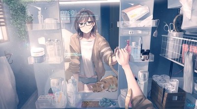 Anime girls mirror reflection cats standing indoors Play Gaming Mat Desk Game