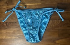Vtg Tie String Bikini PANTIES Liquid SATIN Second Skin Metallic Foil Sz M Blue