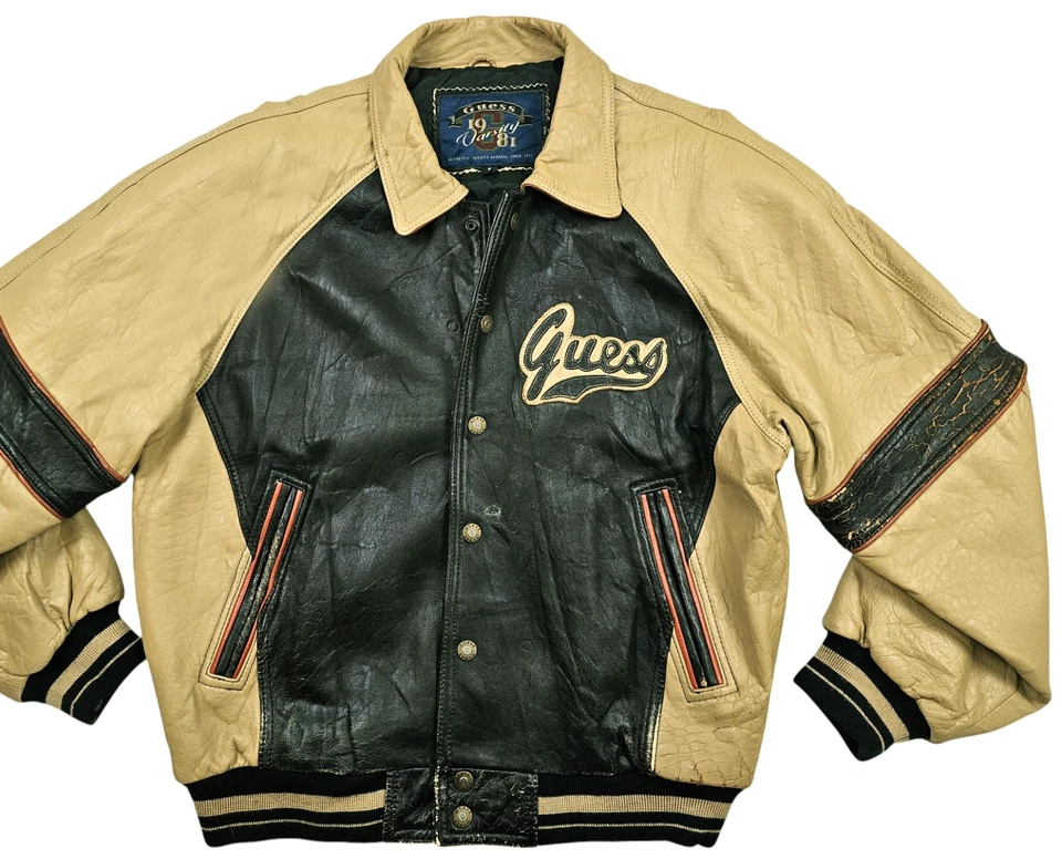 HOT VTG Men's GUESS @ VARSITY BOMBER EMBROIDERED LOGO BLACK TAN LEATHER Jacket M - Image 2 of 4