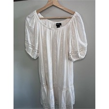 Karen Kane White Embroidered Lace Peasant Dress Puff Sleeve Boho Medium