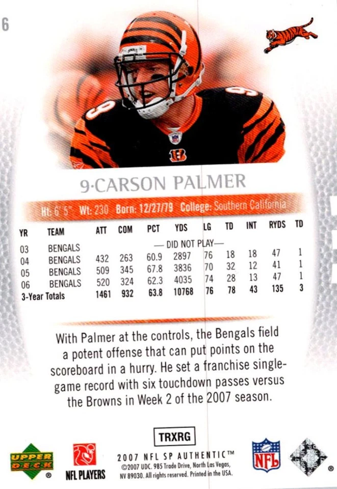 2007 SP Authentic Carson Palmer Cincinnati Bengals #16 - Image 2 of 2