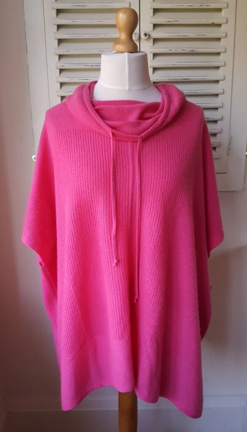 Pure Collection Hot Pink Gassato Pointelle Cowl Neck Cashmere Poncho (UK XL)