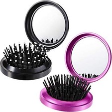 2 Pieces Folding Travel Mirror Hair Brushes Round Folding Pocket Black, Purple