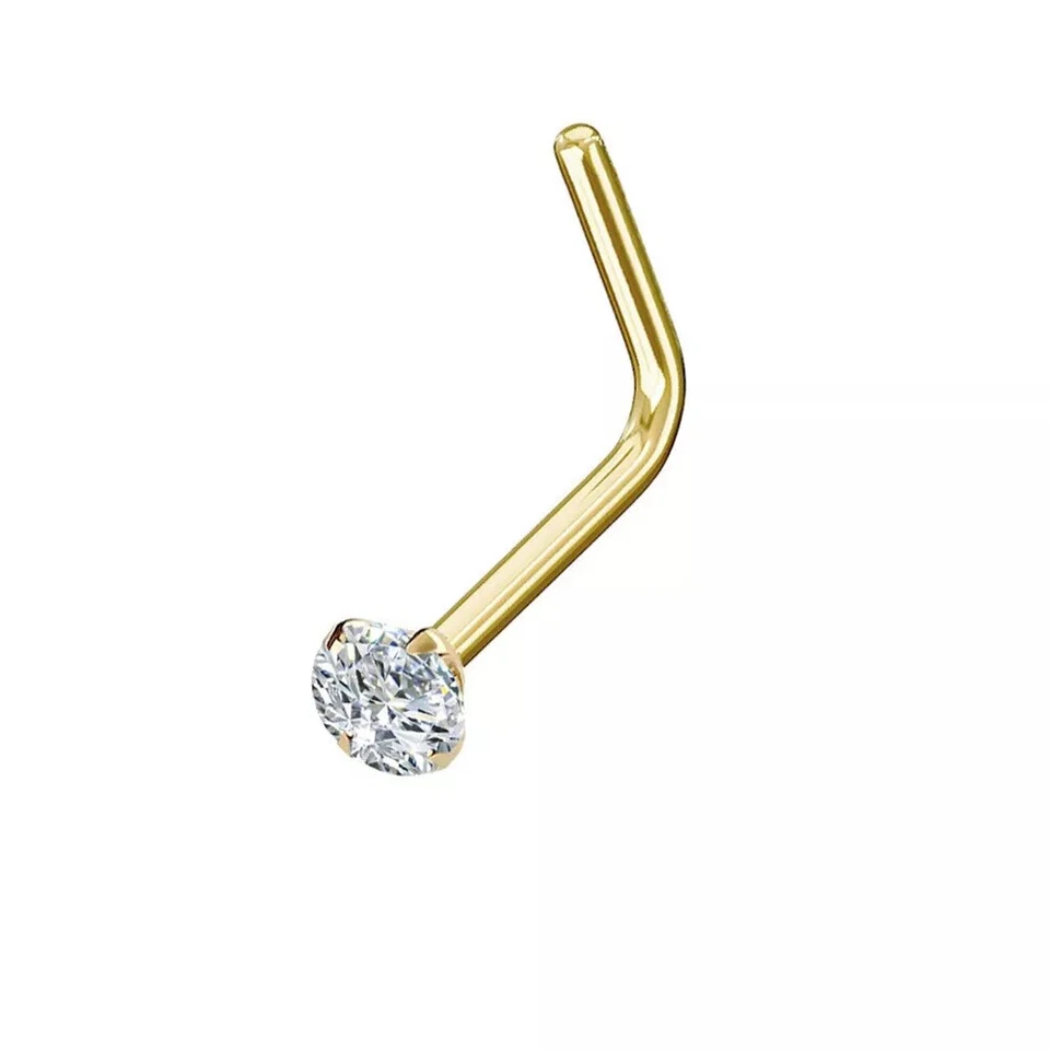 14K Yellow Gold 20G 18G Diamond Nose Ring With Choose L-Shape Nose Bone or Screw - Image 3 of 4