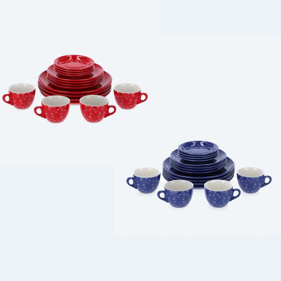16tlg. Geschirr-Set farbig mit Muster Teller Tassen Untertassen Keramik Geschirr