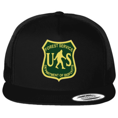 US Forest Service Bigfoot Logo Emblem Printed on Black Hat Flat Bill Trucker Cap