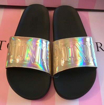 Victoria S Secret Pink Single Strap Slides Sandal Holographic