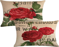 7COLORROOM Rose Lumbar Throw Pillow Cover, Blooming Red Rose with Flowers Green