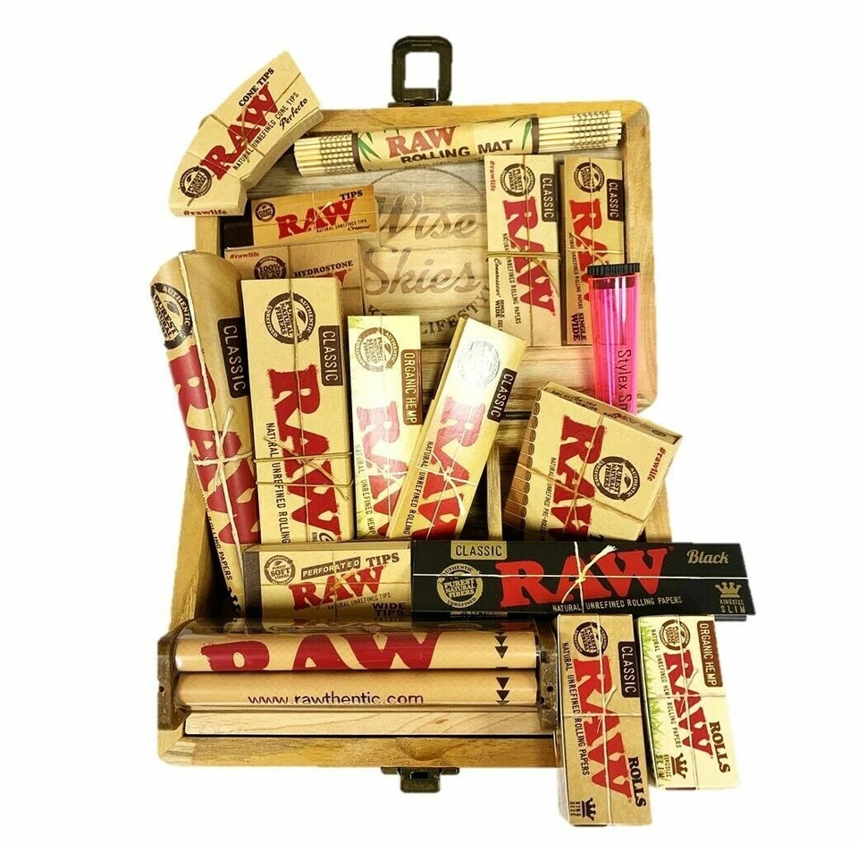 Wise Skies Medium Wooden Box - Smoking Rolling Papers Gift Set Raw Cones Tips UK