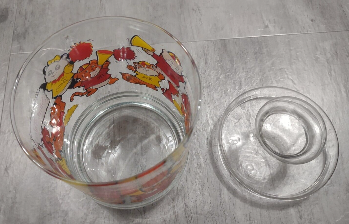Vintage 1982 Hallmark Shirt Tales Glass Candy Jar with Lid Pammy, Bogey, Digger Vintage 1982 Hallmark Shirt Tales Glass Candy Jar with Lid Pammy, Bogey, Digger