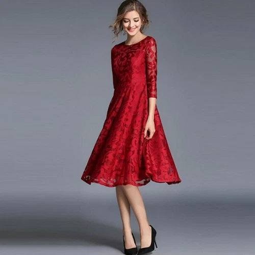 Vestido Europeo Para Mujer Encaje Manga 3/4 Columpio Calce Ajustado Línea A Fiesta Cóctel Vestido - Imagen 11 de 19