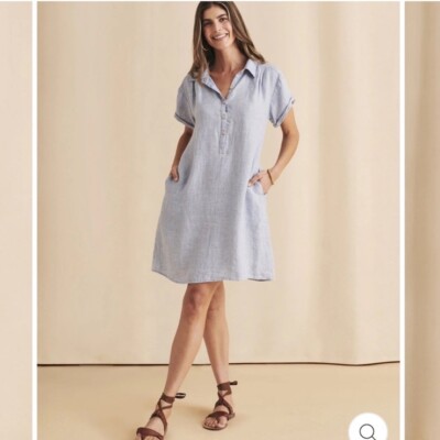 Faherty Hana 100% Linen Shirt Dress Blue Basket Weave Button Collared Size XS