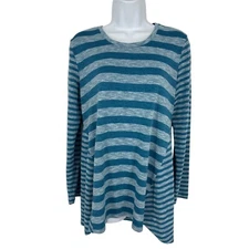 LOGO By Lori Goldstein Blue Striped Silky Panel Long Sleeve Top Size S
