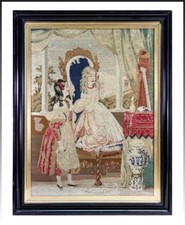 Superb French Victorian Era Needlepoint Tapestry in Frame, 2 Girls, Interior