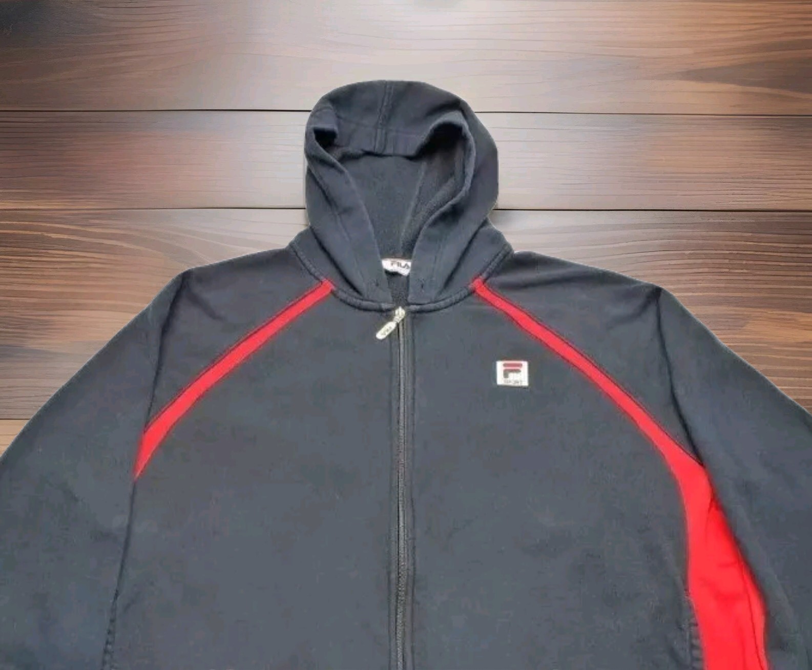 Giacca cappotto uomo vintage Fila Sport nero e rosso full zip cappuccio X Large